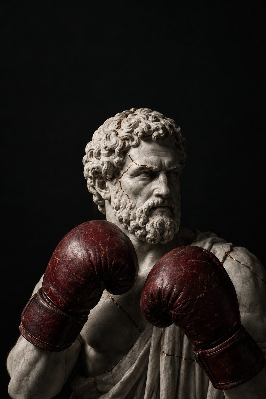 Book cover: a marble Stoic bust wearing red boxing gloves