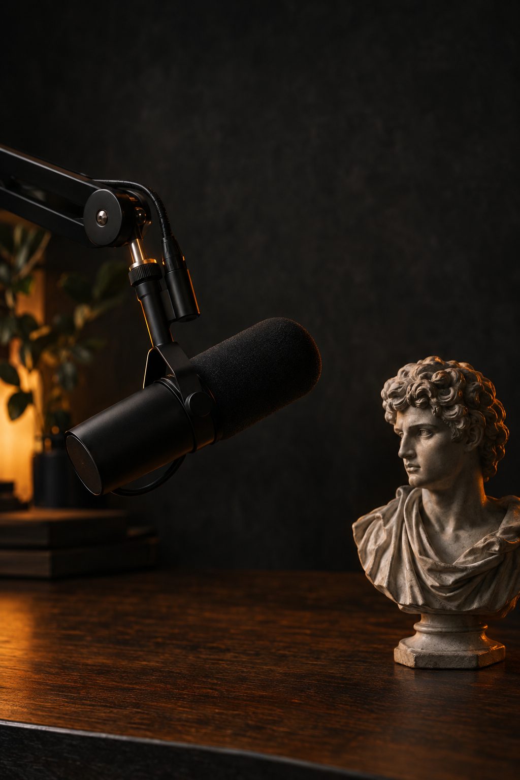 Studio microphone beside a marble bust
