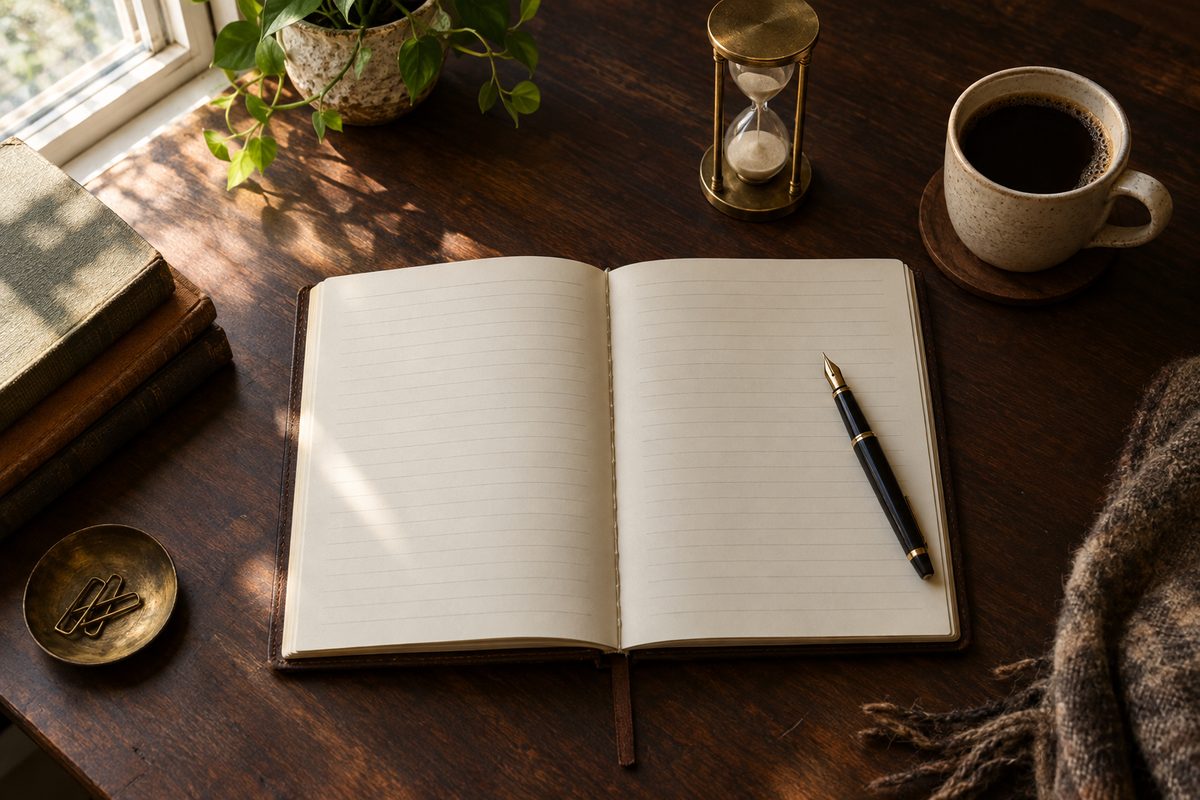 An open workbook, fountain pen, and brass hourglass on a walnut desk
